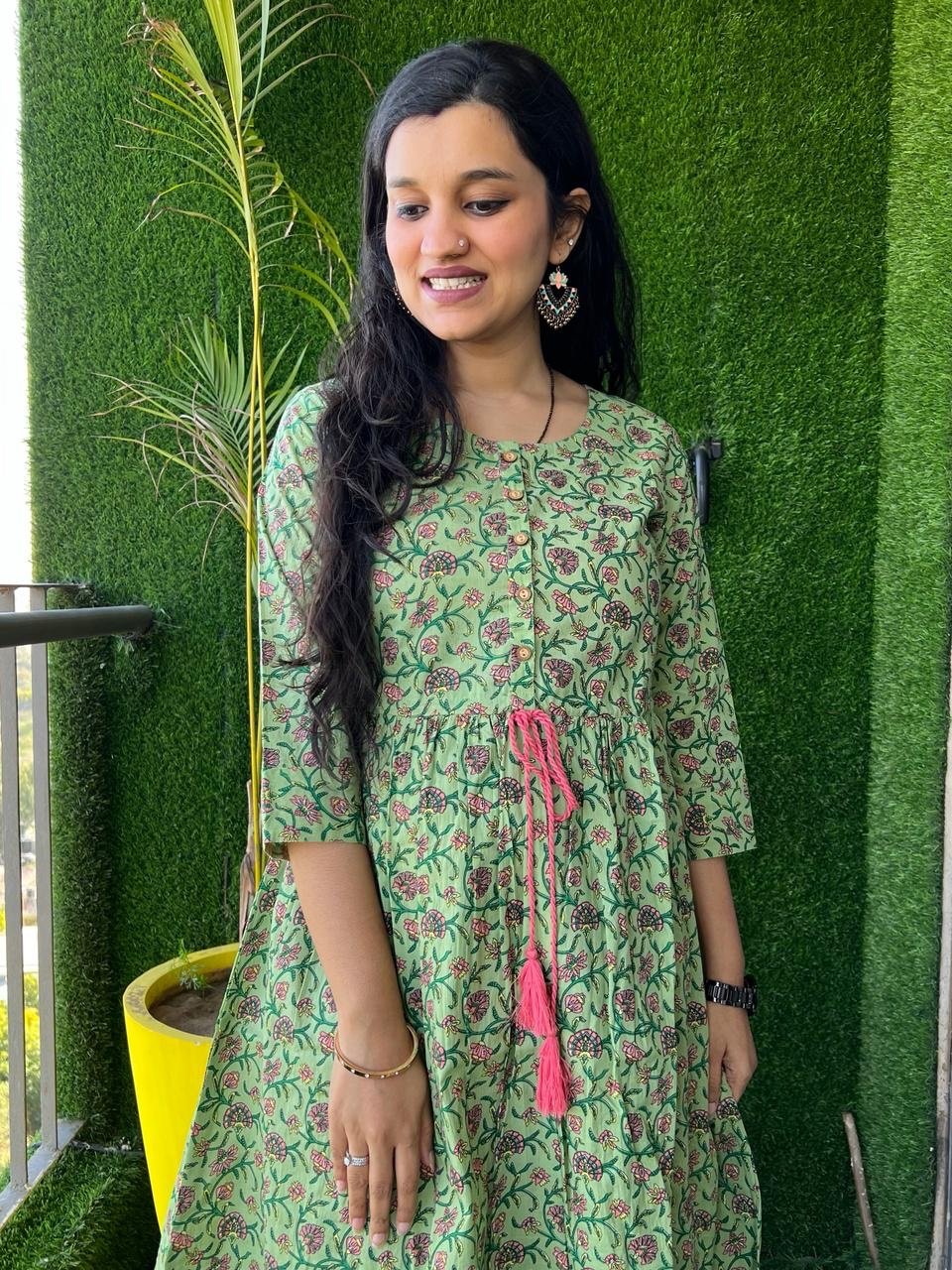 Cotton Midi Dress- Green Boota Jaal