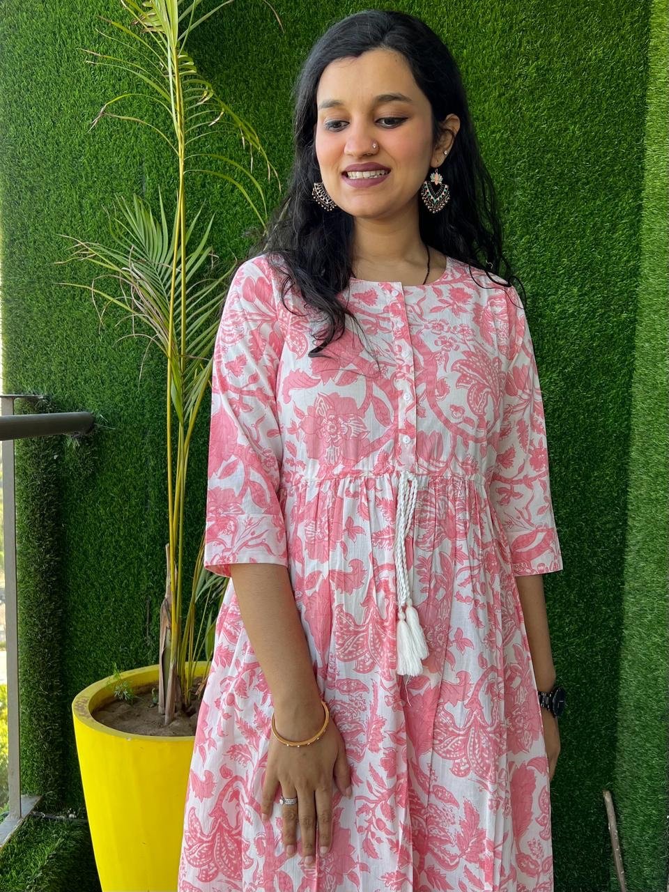 Cotton Midi Dress- White Pink Floral