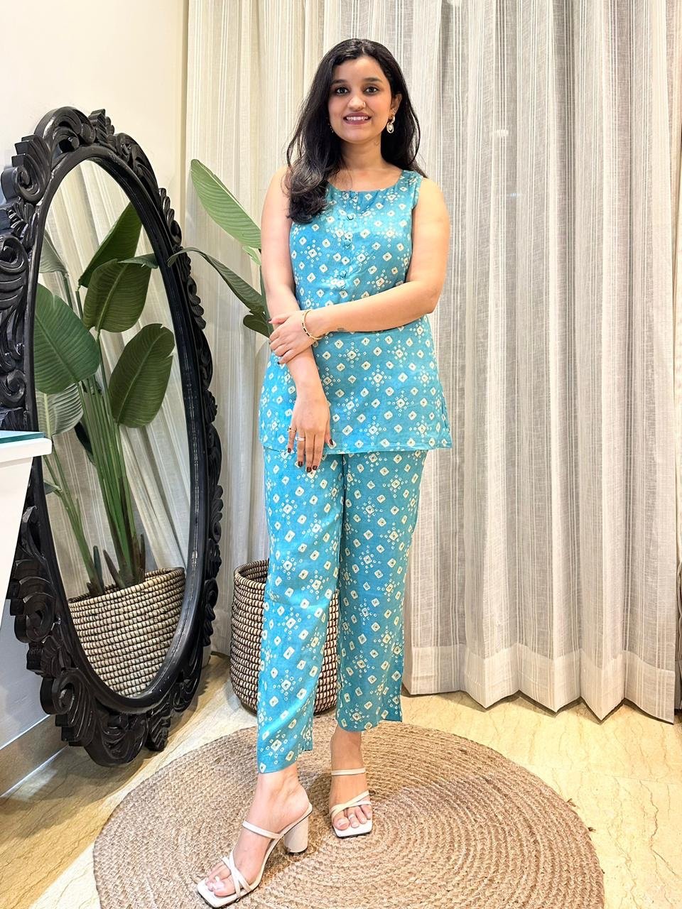 Bandhej Coord Set- Bluish Green