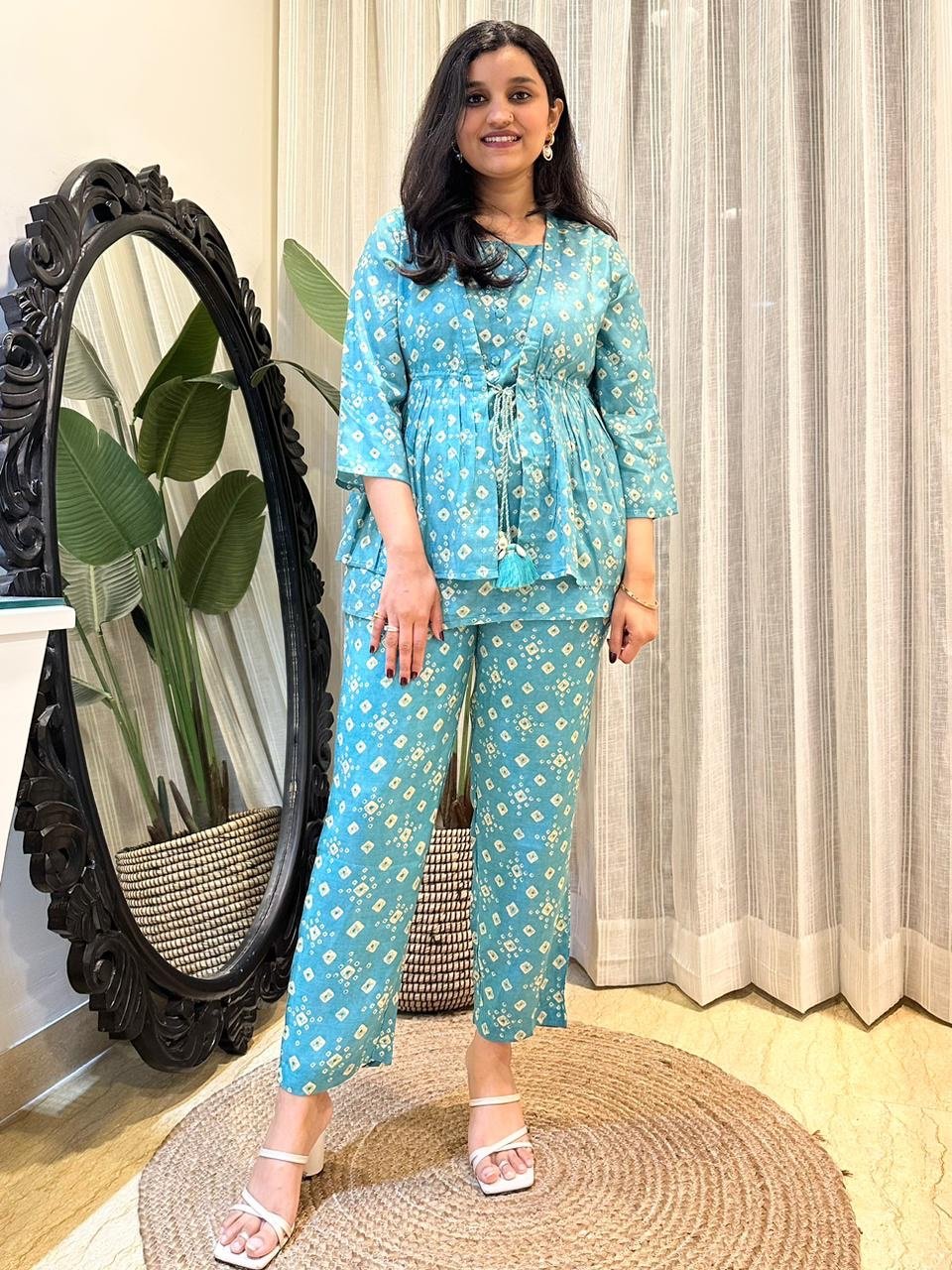 Bandhej Coord Set- Bluish Green