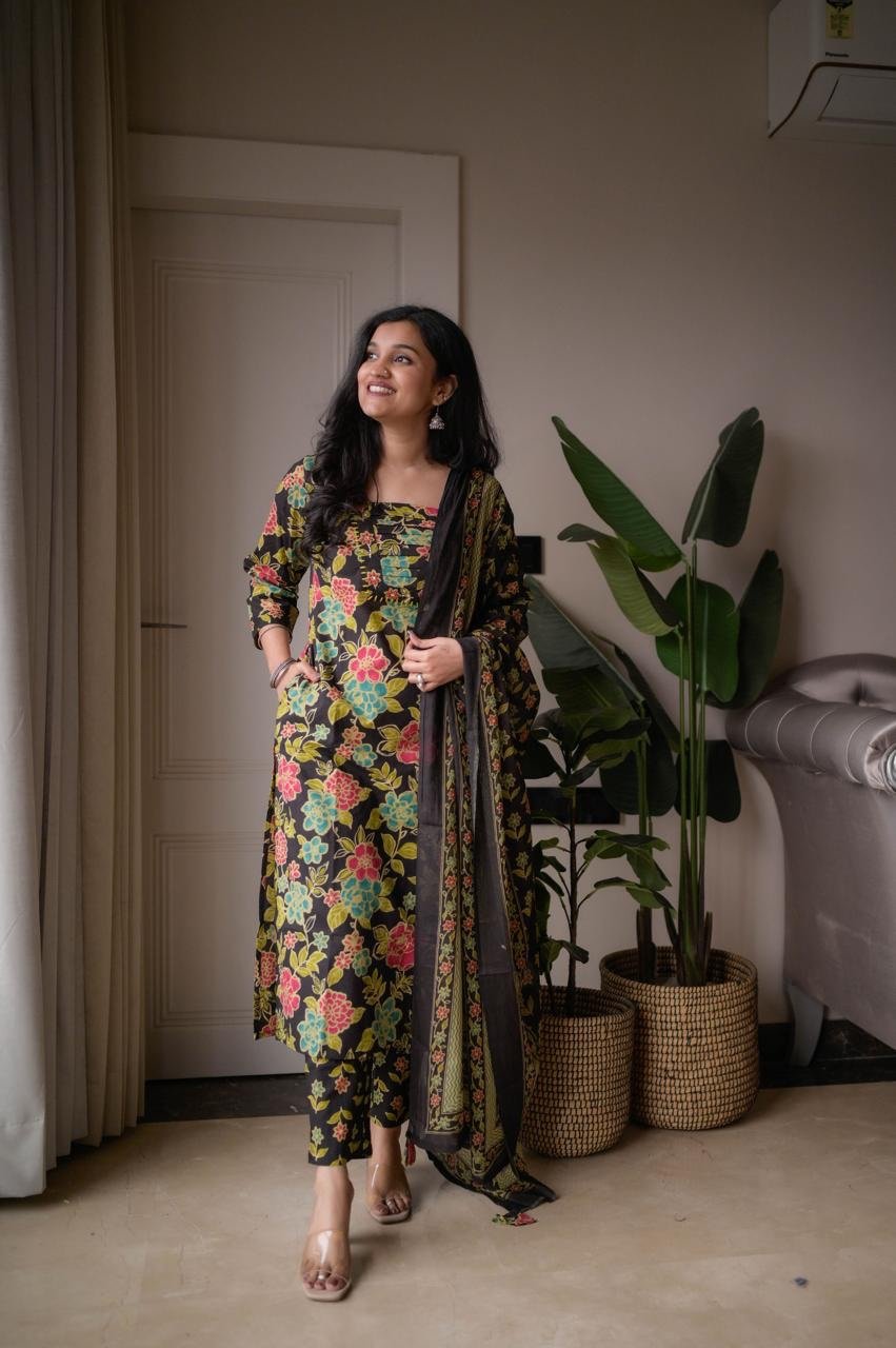 Samya Budget Cotton Suit- Black Multi Florals