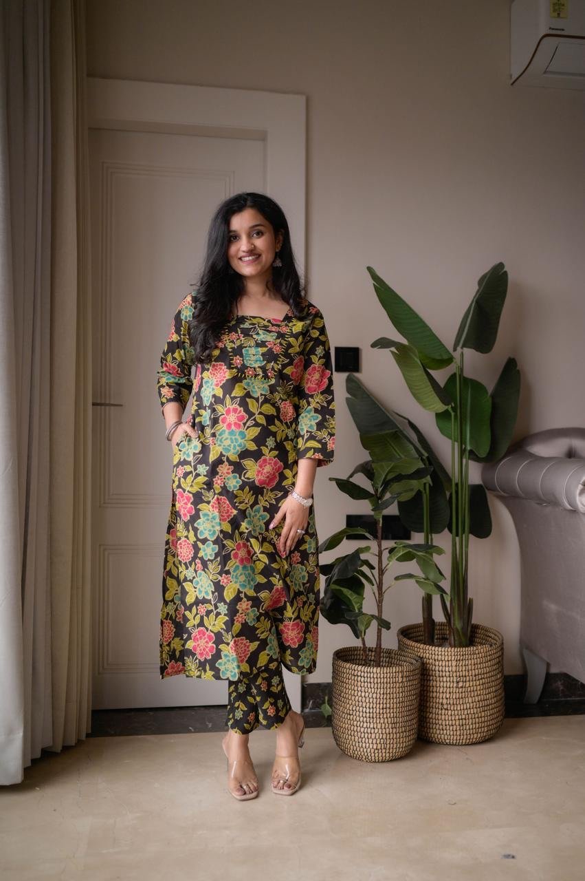 Samya Budget Cotton Suit- Black Multi Florals
