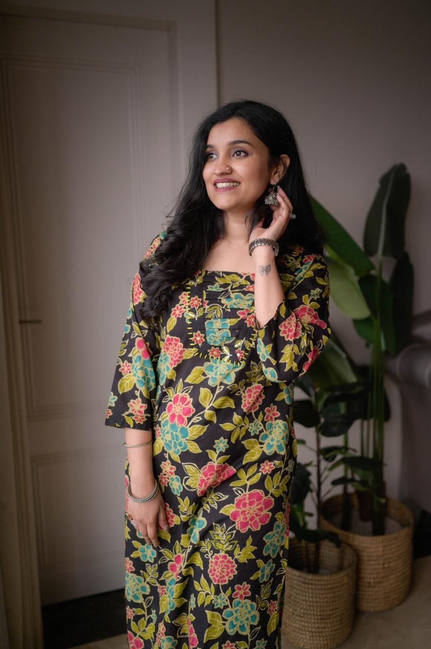 Samya Budget Cotton Suit- Black Multi Florals
