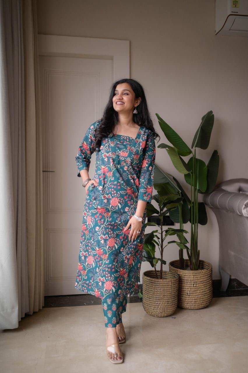 Samya Budget Cotton Suit- Teal Florals