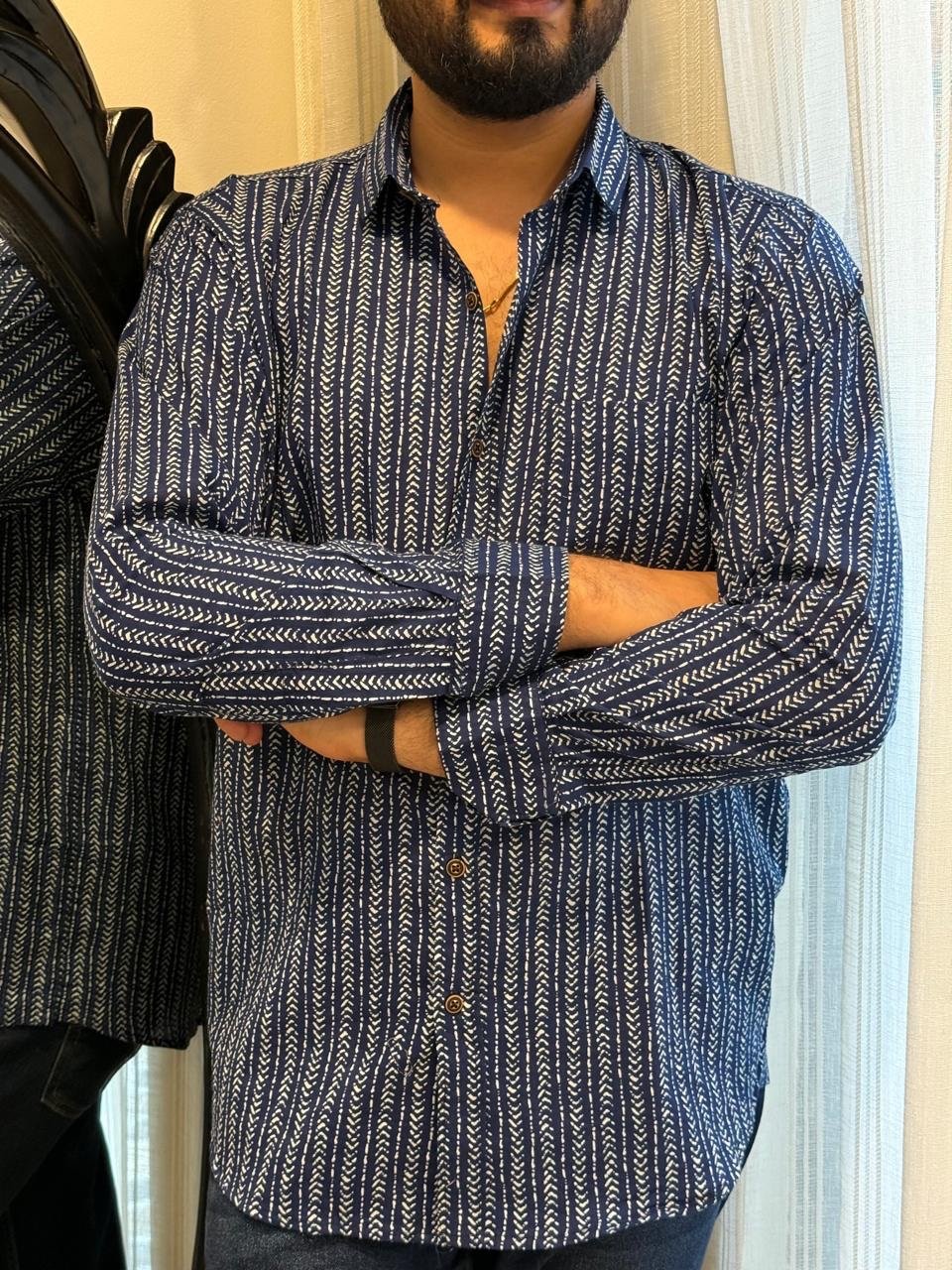 Cotton Men?? Full Sleeves Shirt- Indigo Lines