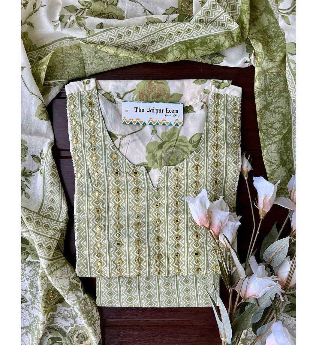 Cream Green Floral Nyra Set