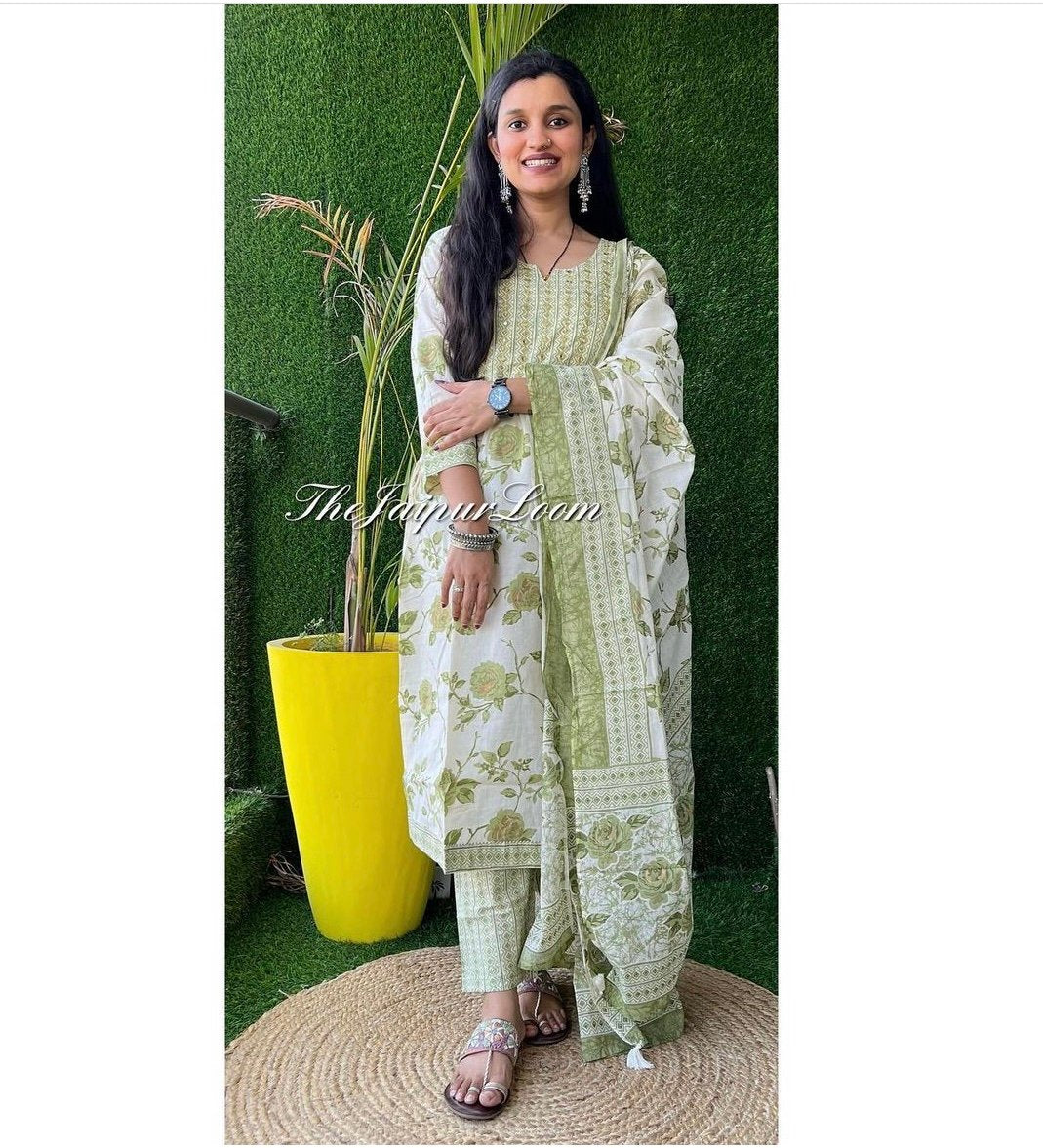 Cream Green Floral Nyra Set