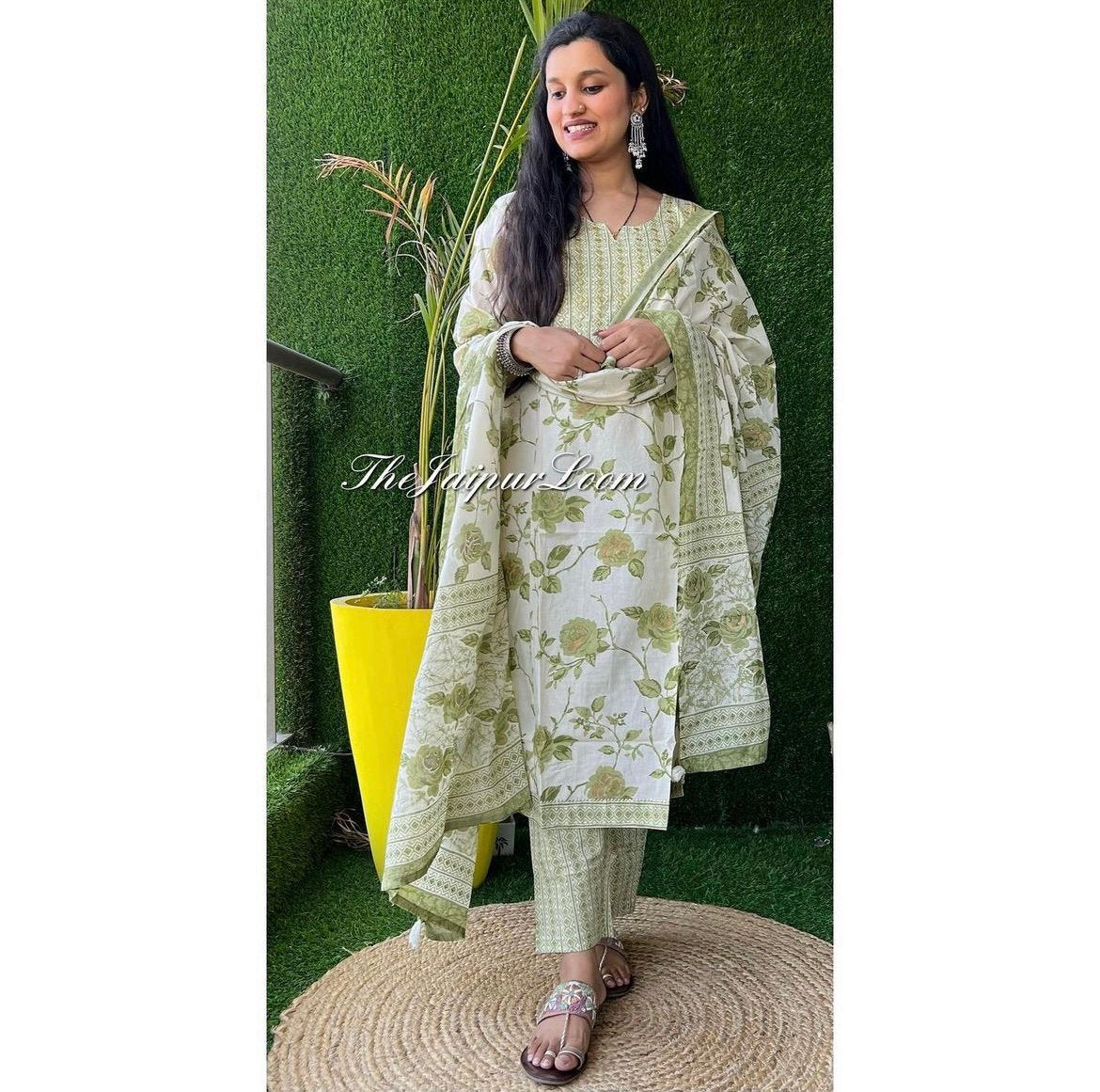 Cream Green Floral Nyra Set
