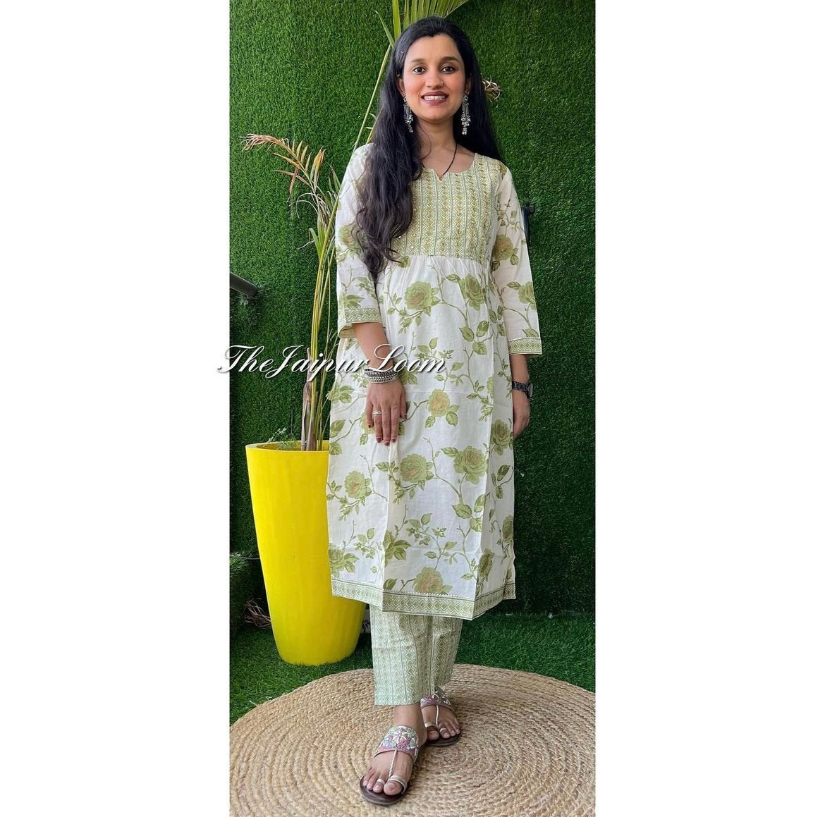 Cream Green Floral Nyra Set