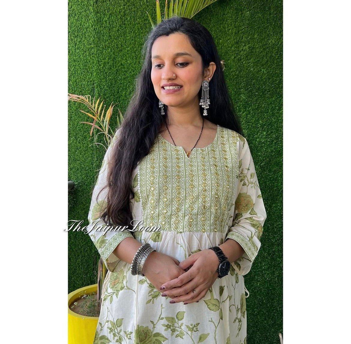 Cream Green Floral Nyra Set
