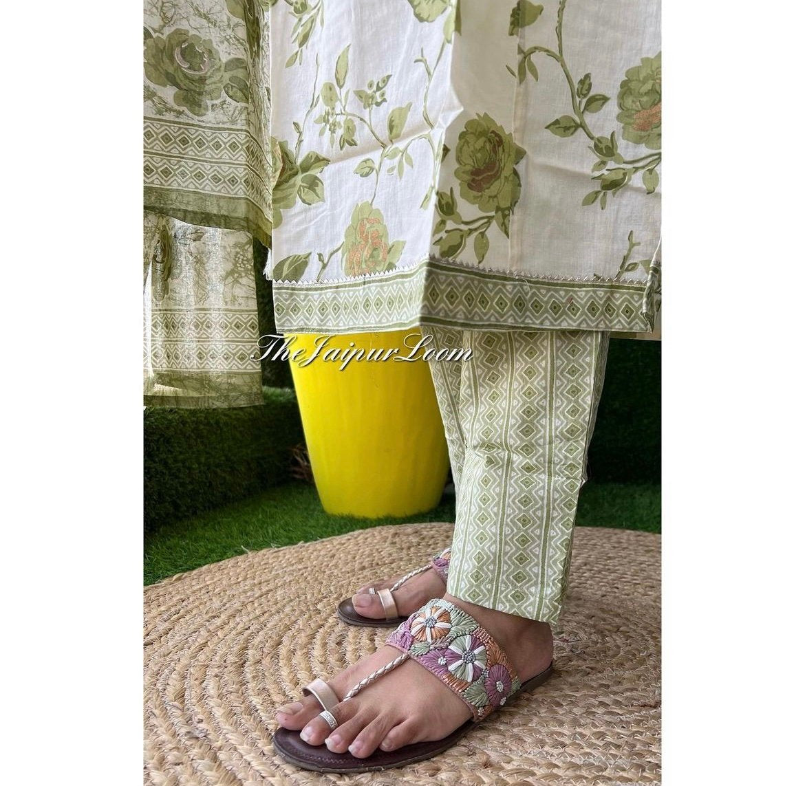 Cream Green Floral Nyra Set