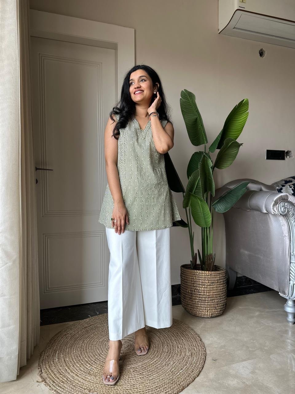 Gazia Pure Cotton Sleeveless Top- Green