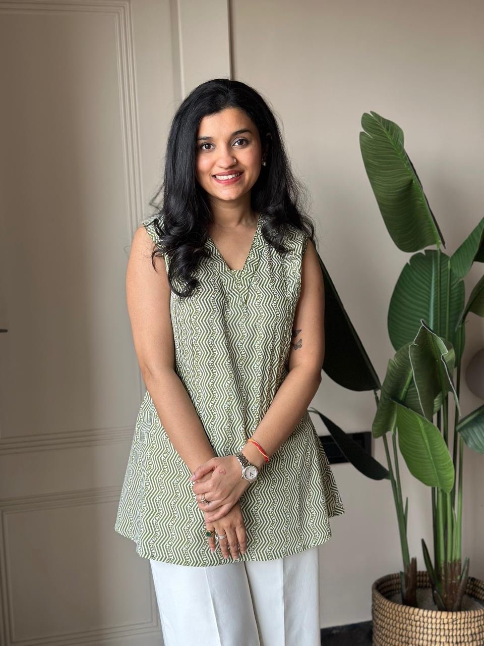 Gazia Pure Cotton Sleeveless Top- Green