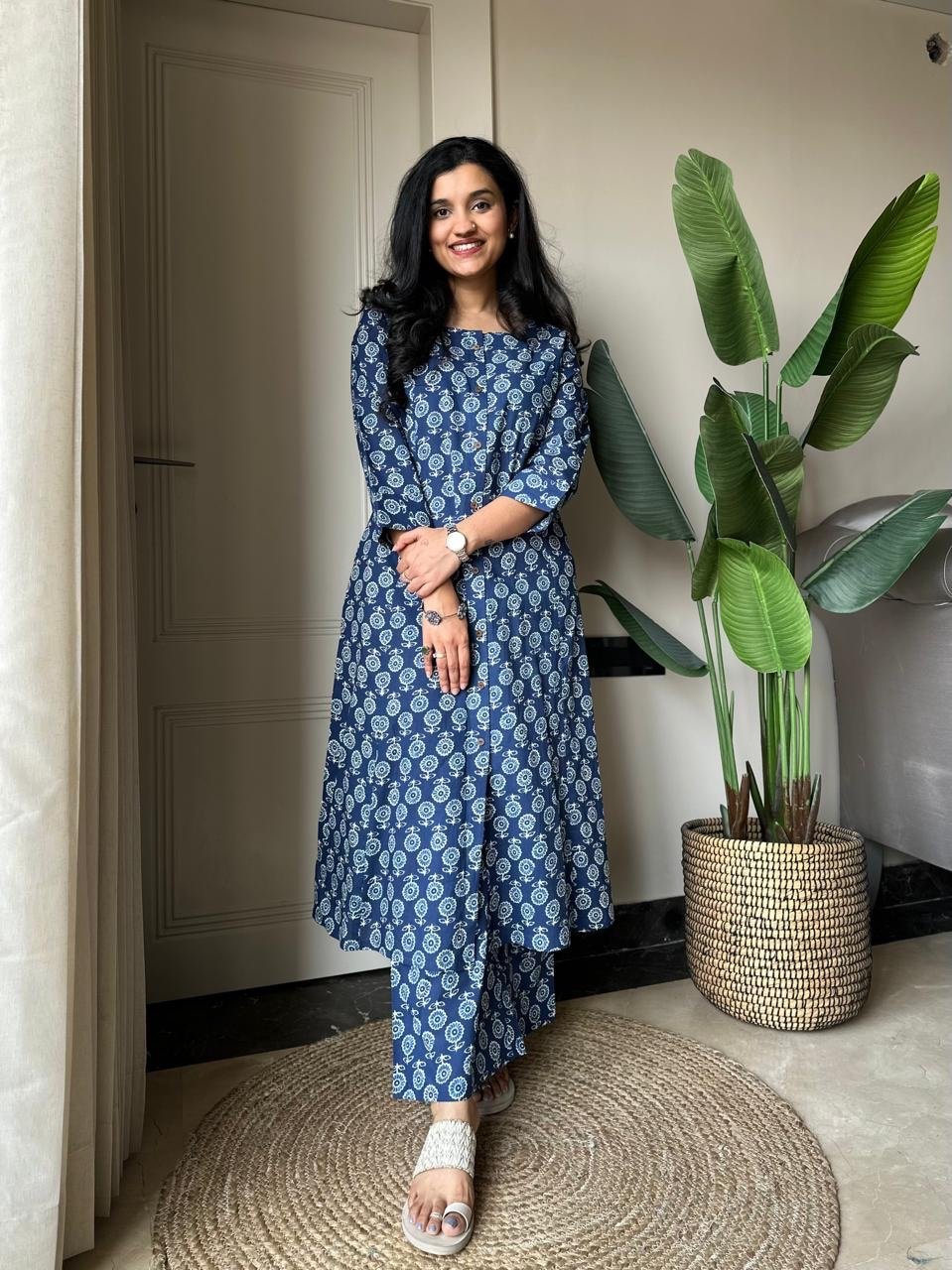 Amayra A-line Cotton Pant Set- Indigo Booti