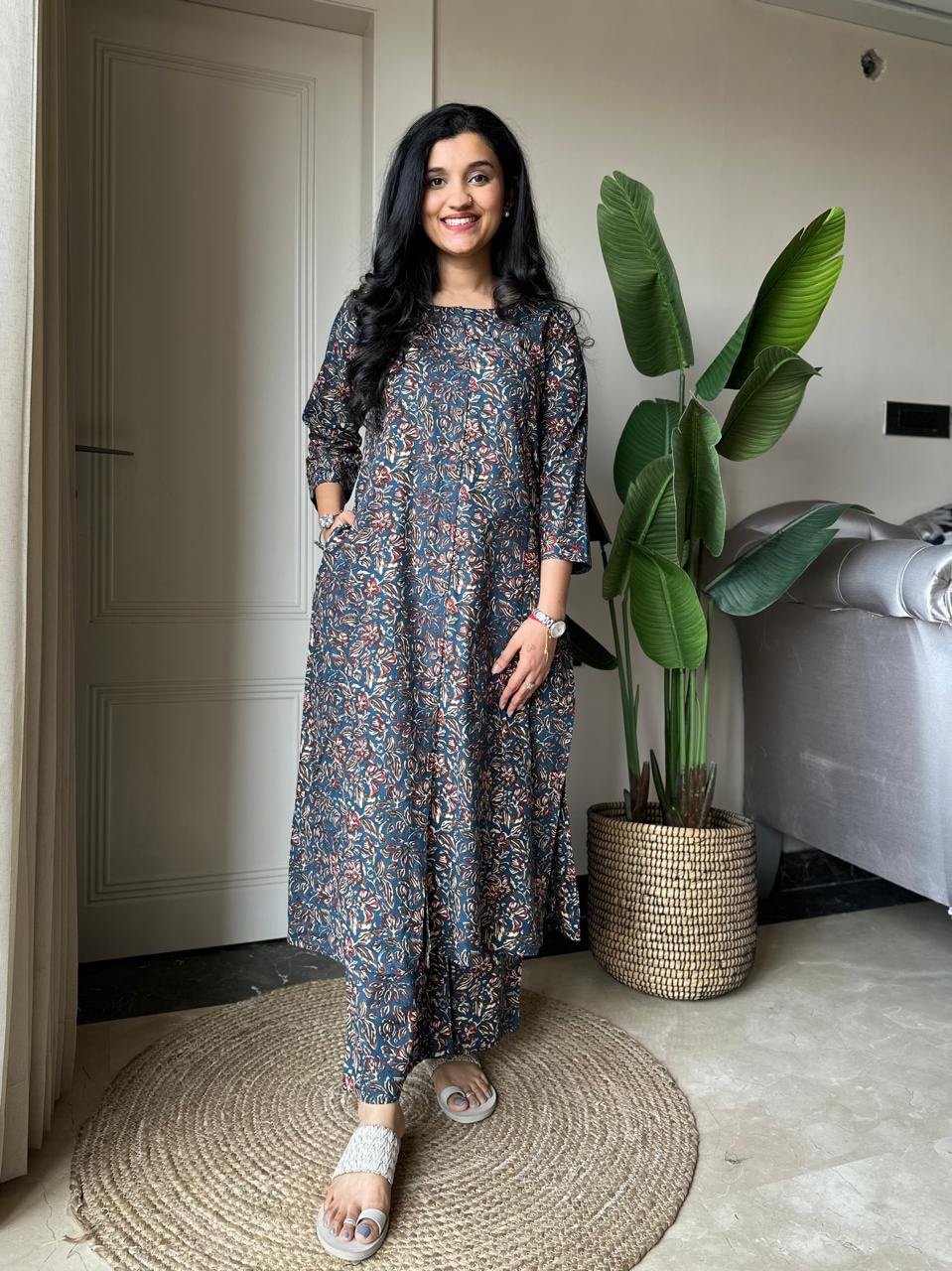 Amayra A-line Cotton Pant Set- Dark Jaal