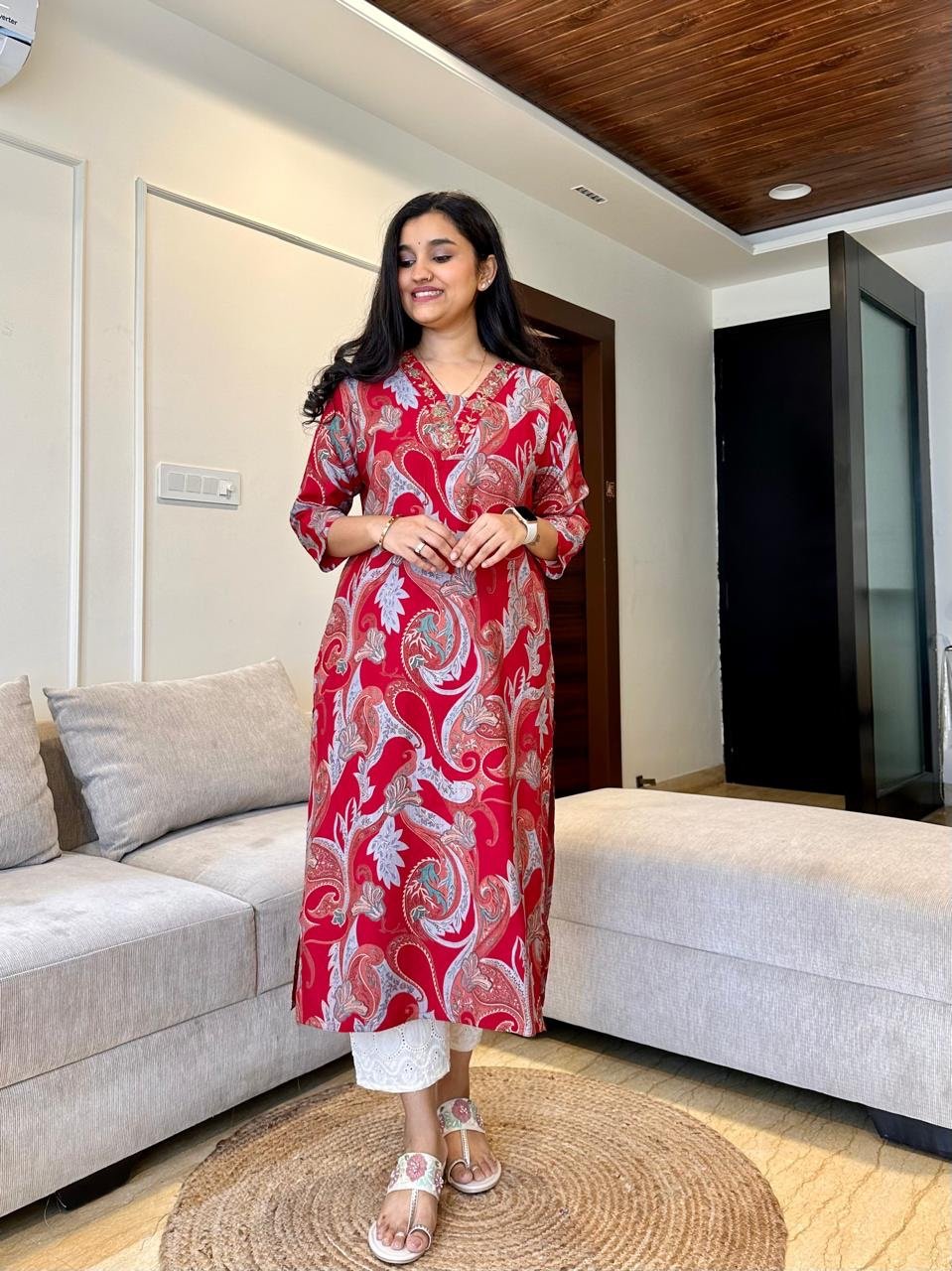 Vara Printed Muslin Silk Kurta- Red