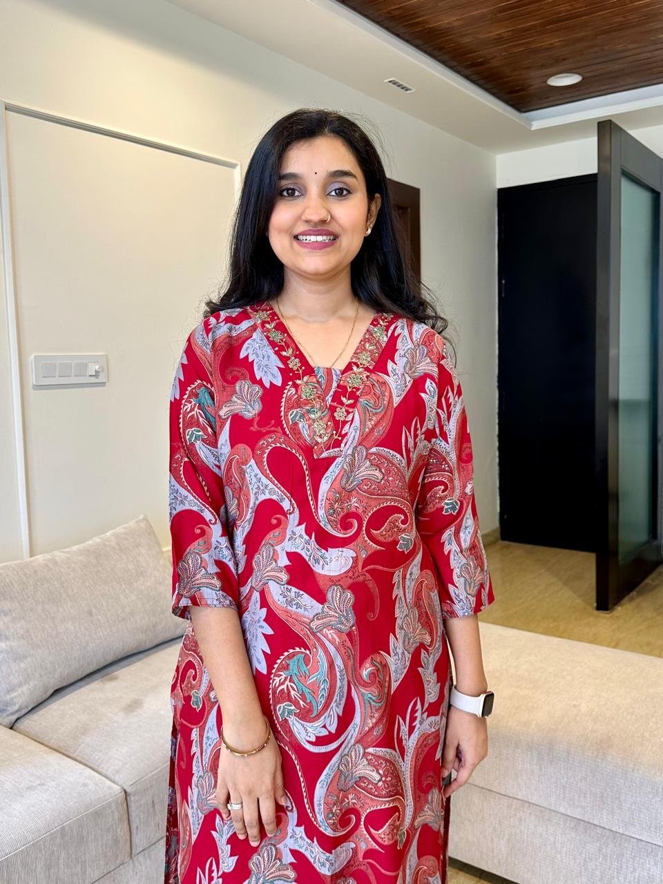 Vara Printed Muslin Silk Kurta- Red