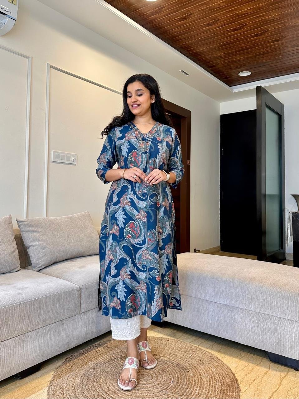 Vara Printed Muslin Silk Kurta- Blue