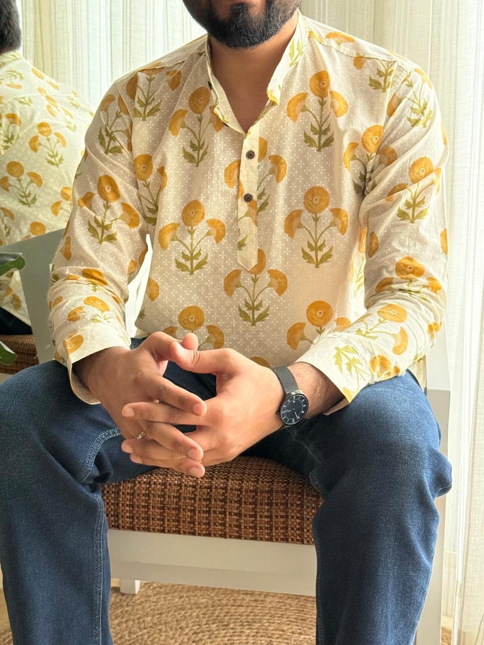 Cotton Men?? Short Kurta- Marigold