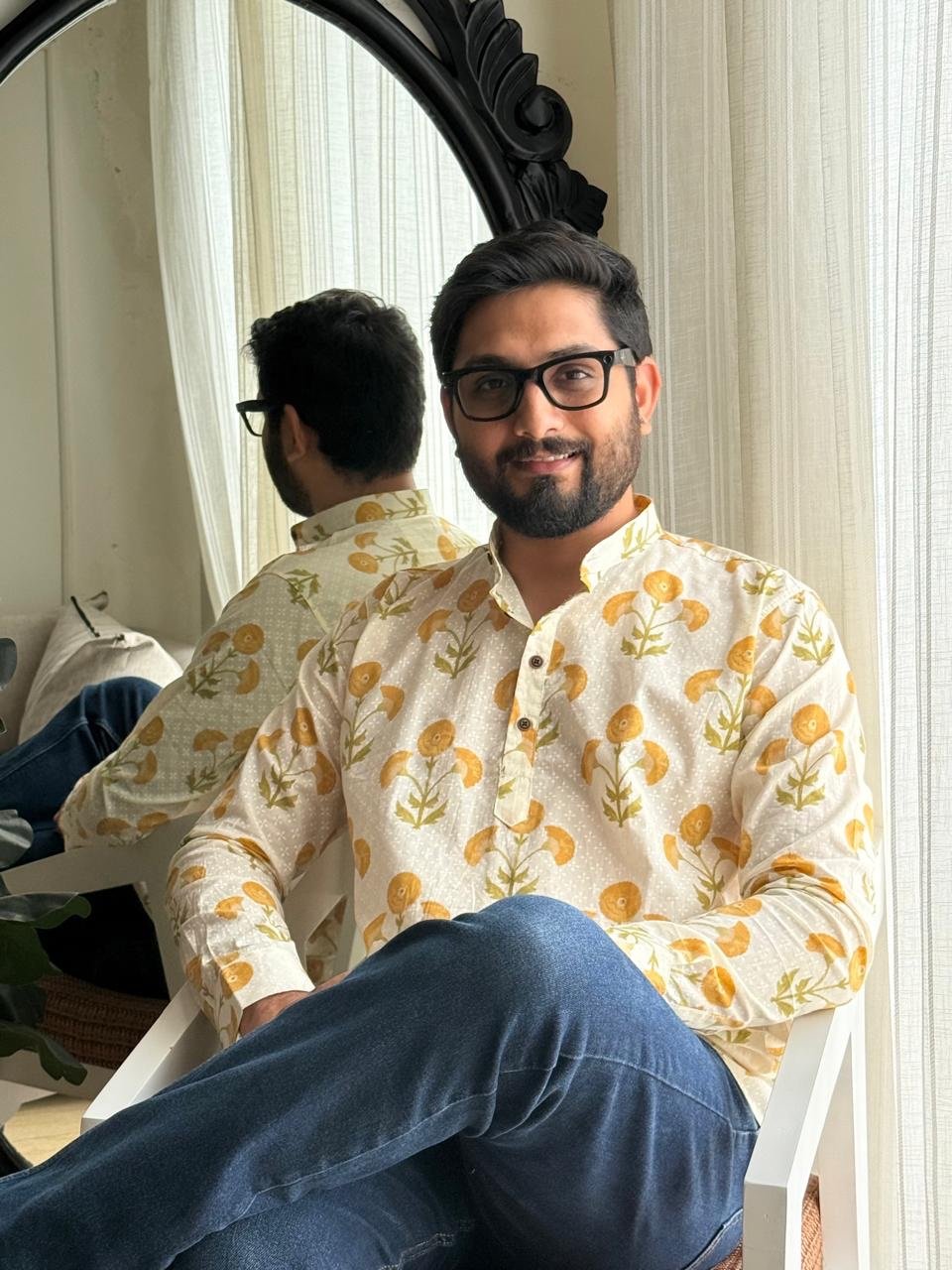 Cotton Men?? Short Kurta- Marigold