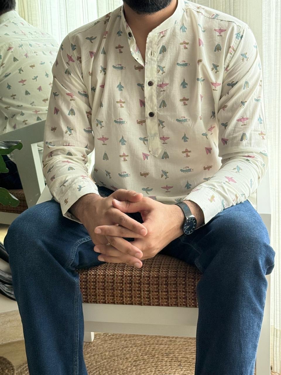 Cotton Men?? Short Kurta- White Planes