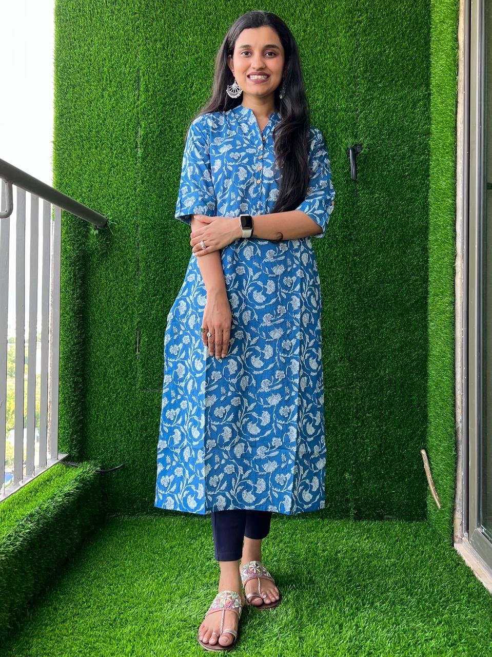 Weekend Cotton Kurta- Blue Floral Jaal