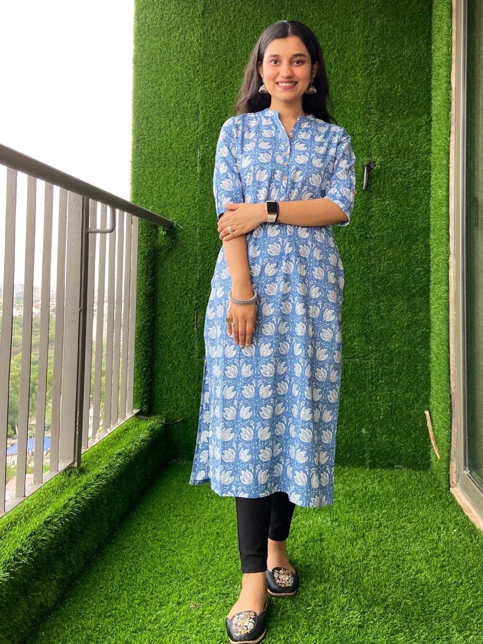 Weekend Cotton Kurta- Blue Floral Bel