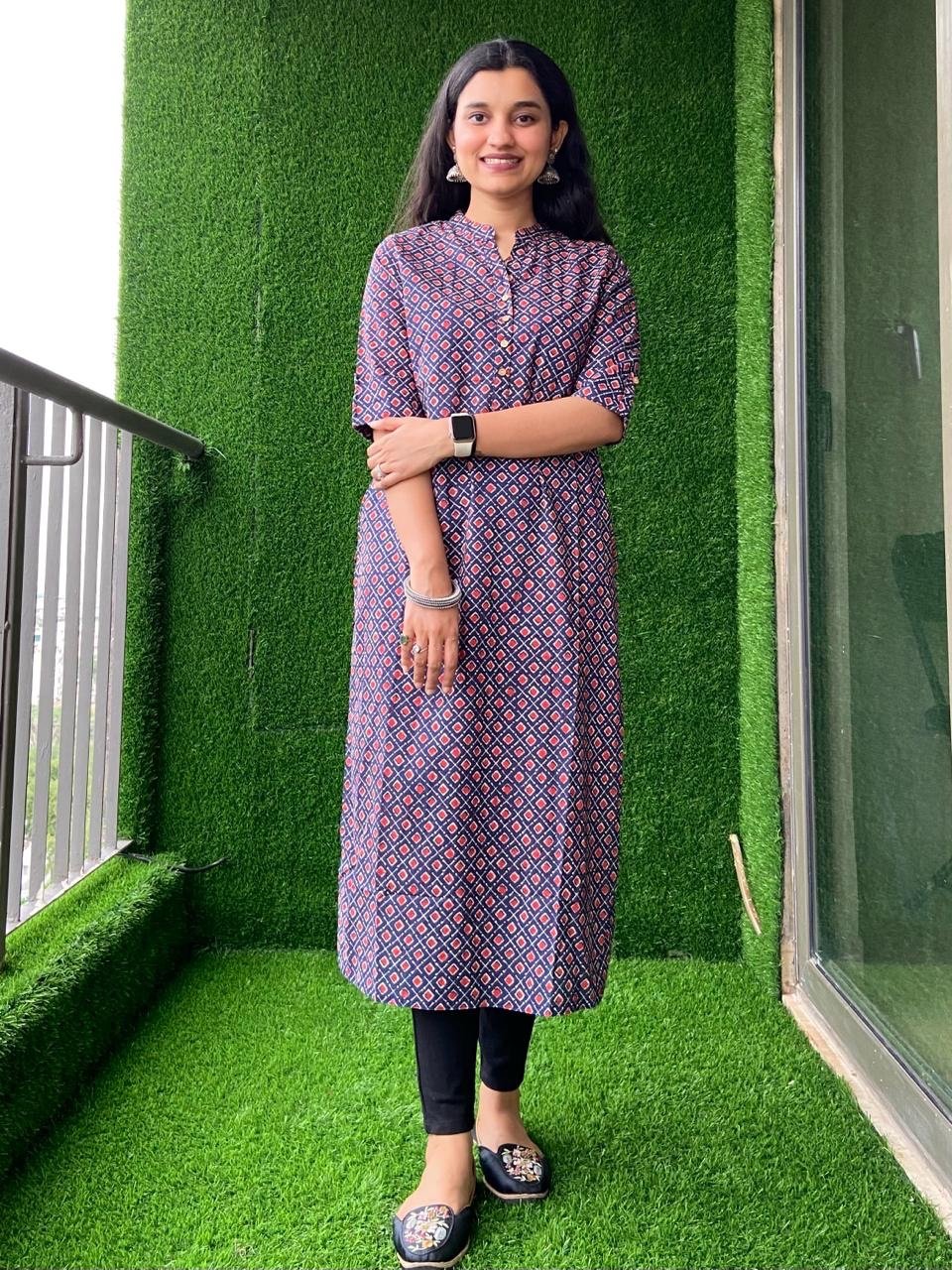 Weekend Cotton Kurta- Navy Red Booti Jaal
