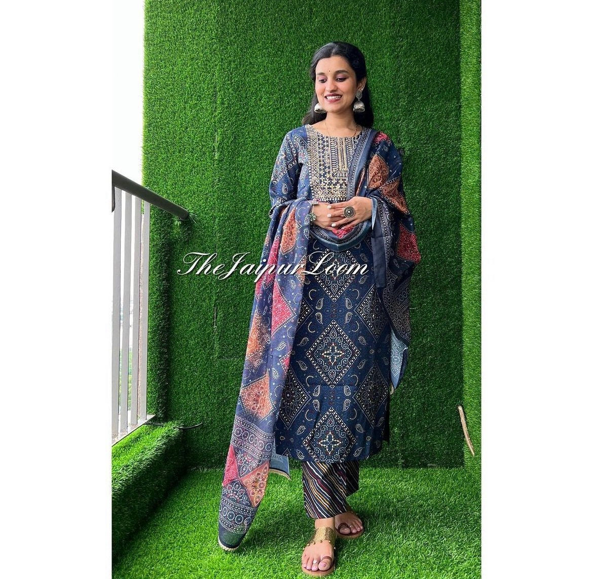 Blue Bandhej Chanderi Suit