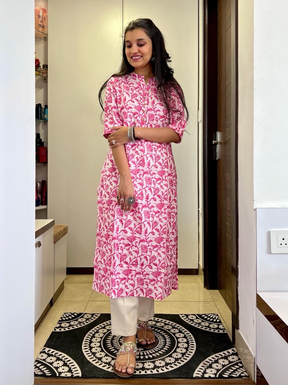 Weekend Cotton Kurta- Pink Floral Batik