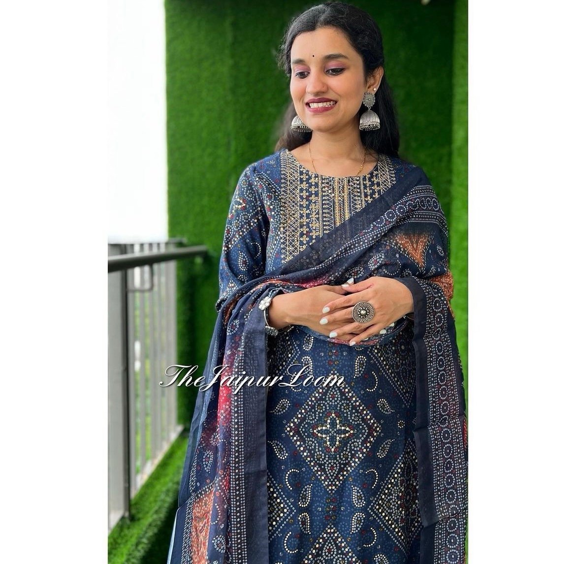 Blue Bandhej Chanderi Suit
