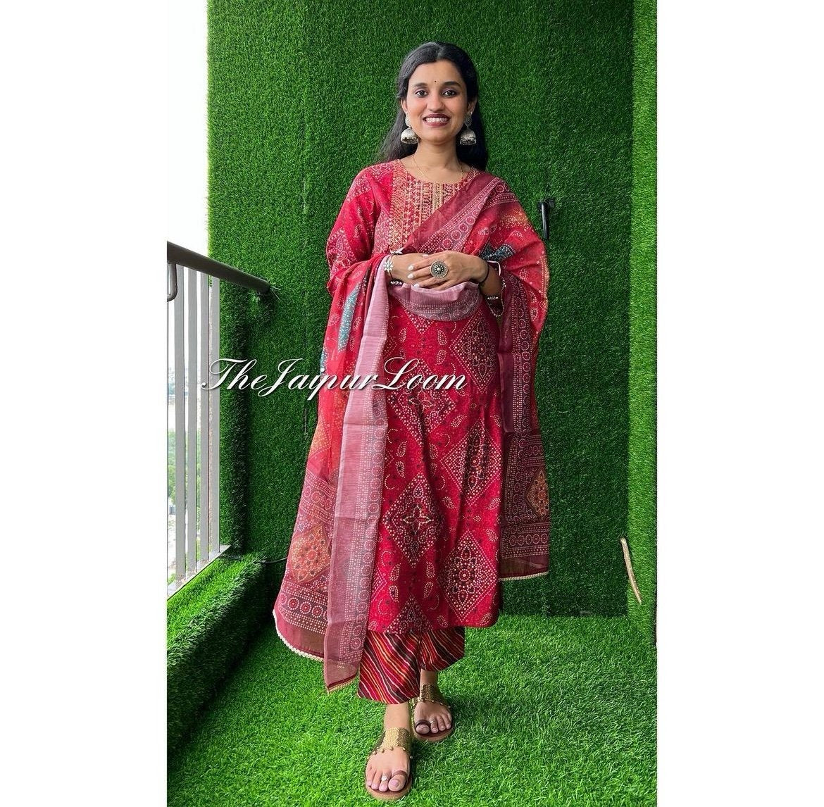 Red Bandhej Chanderi Suit