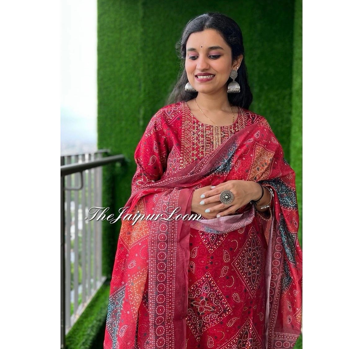 Red Bandhej Chanderi Suit