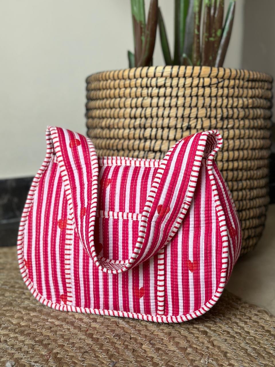 Quilted Shoulder Bag- Pink Striped Love