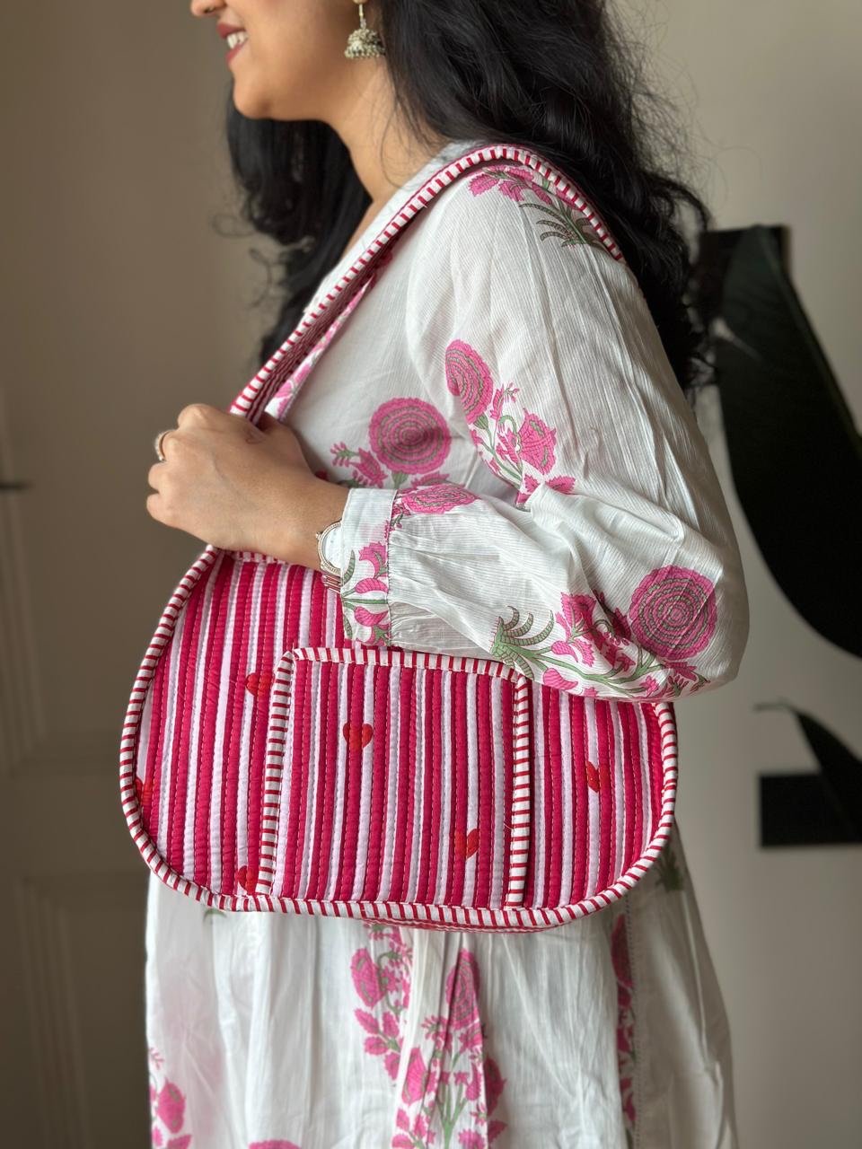 Quilted Shoulder Bag- Pink Striped Love