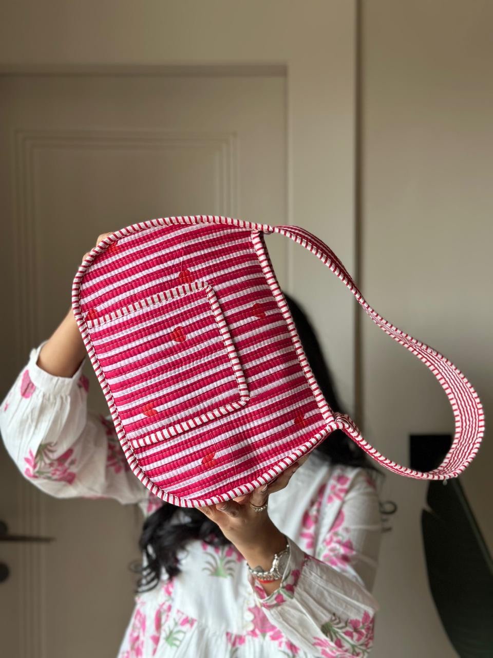 Quilted Shoulder Bag- Pink Striped Love
