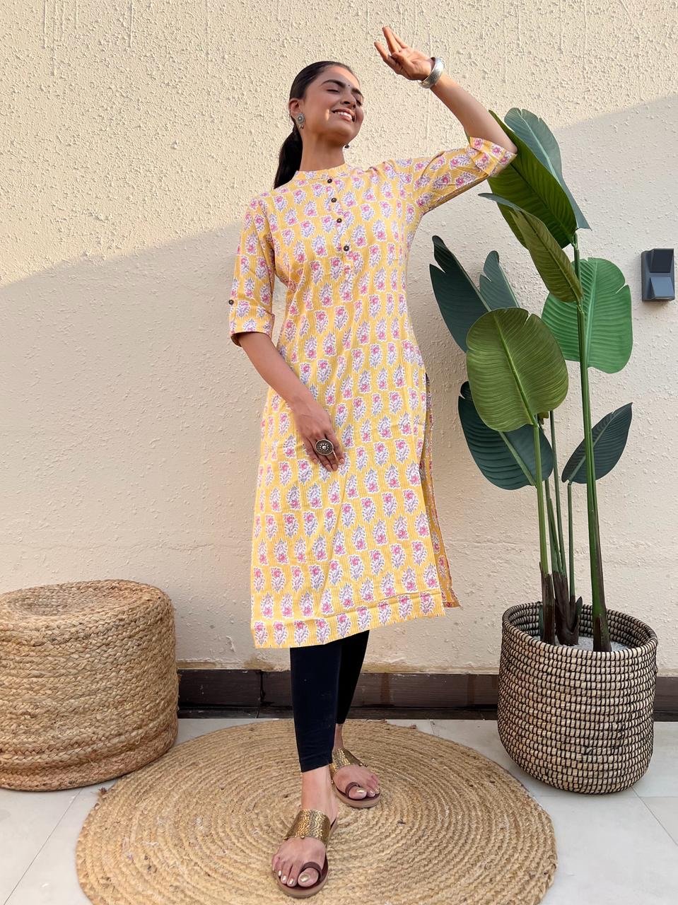Weekend Cotton Kurta- Yellow Pink Booti