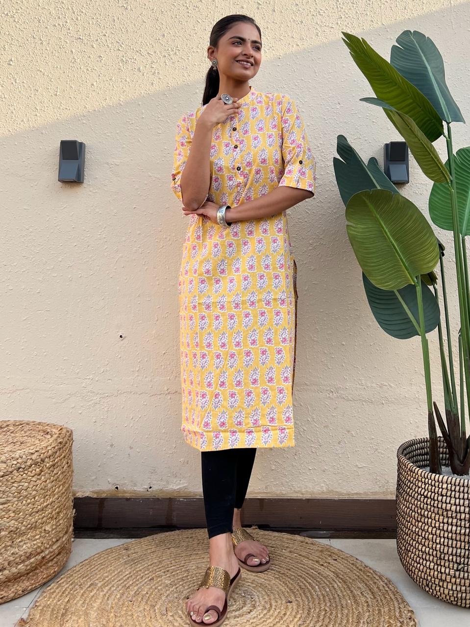 Weekend Cotton Kurta- Yellow Pink Booti