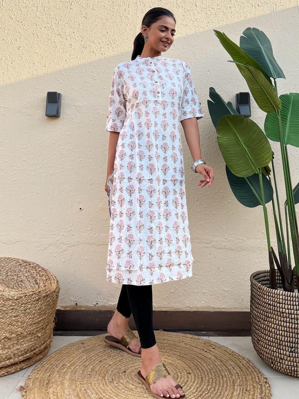 Weekend Cotton Kurta- White Pink Boota