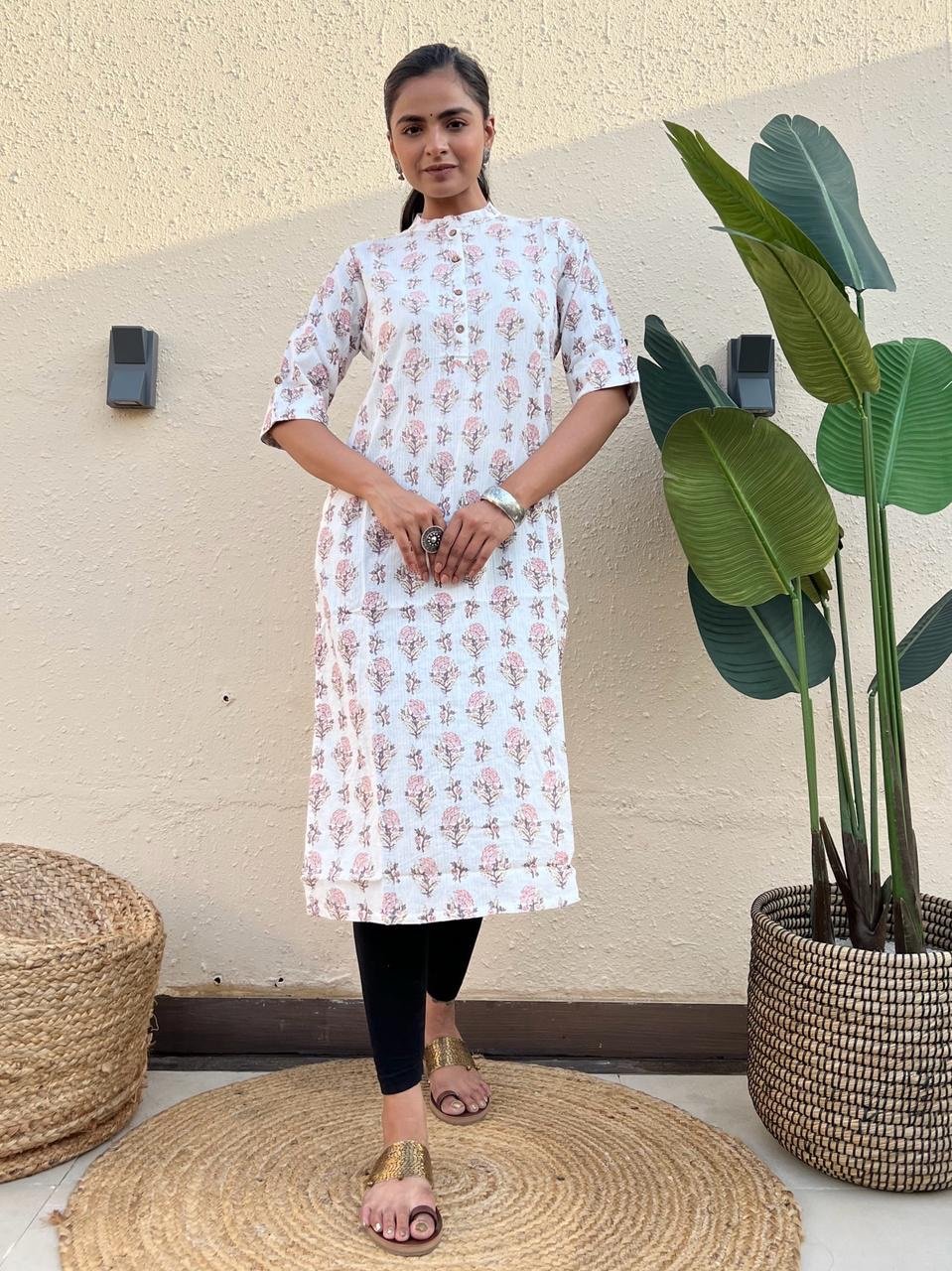 Weekend Cotton Kurta- White Pink Boota