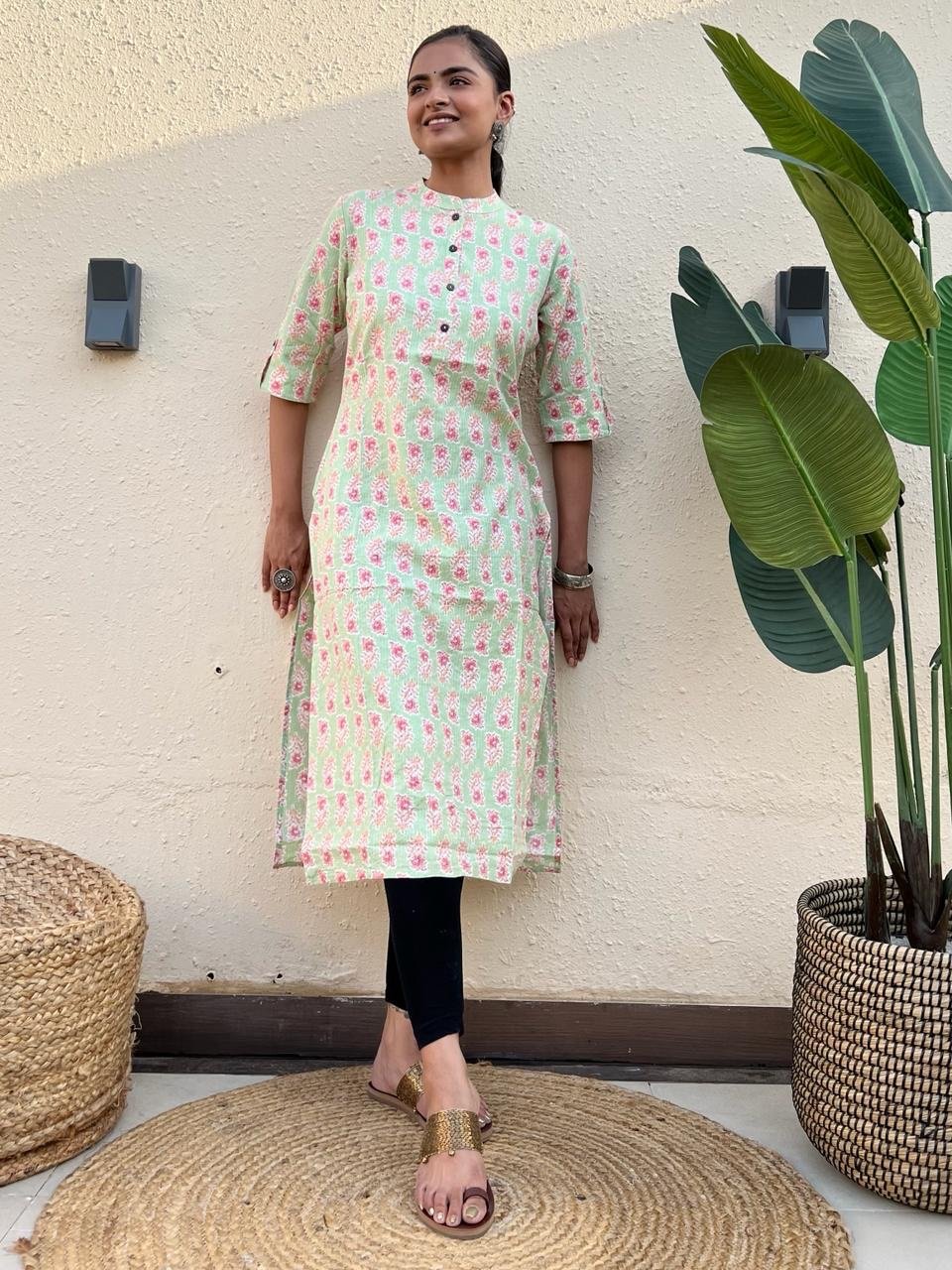 Weekend Cotton Kurta- Pastel Green Pink Booti