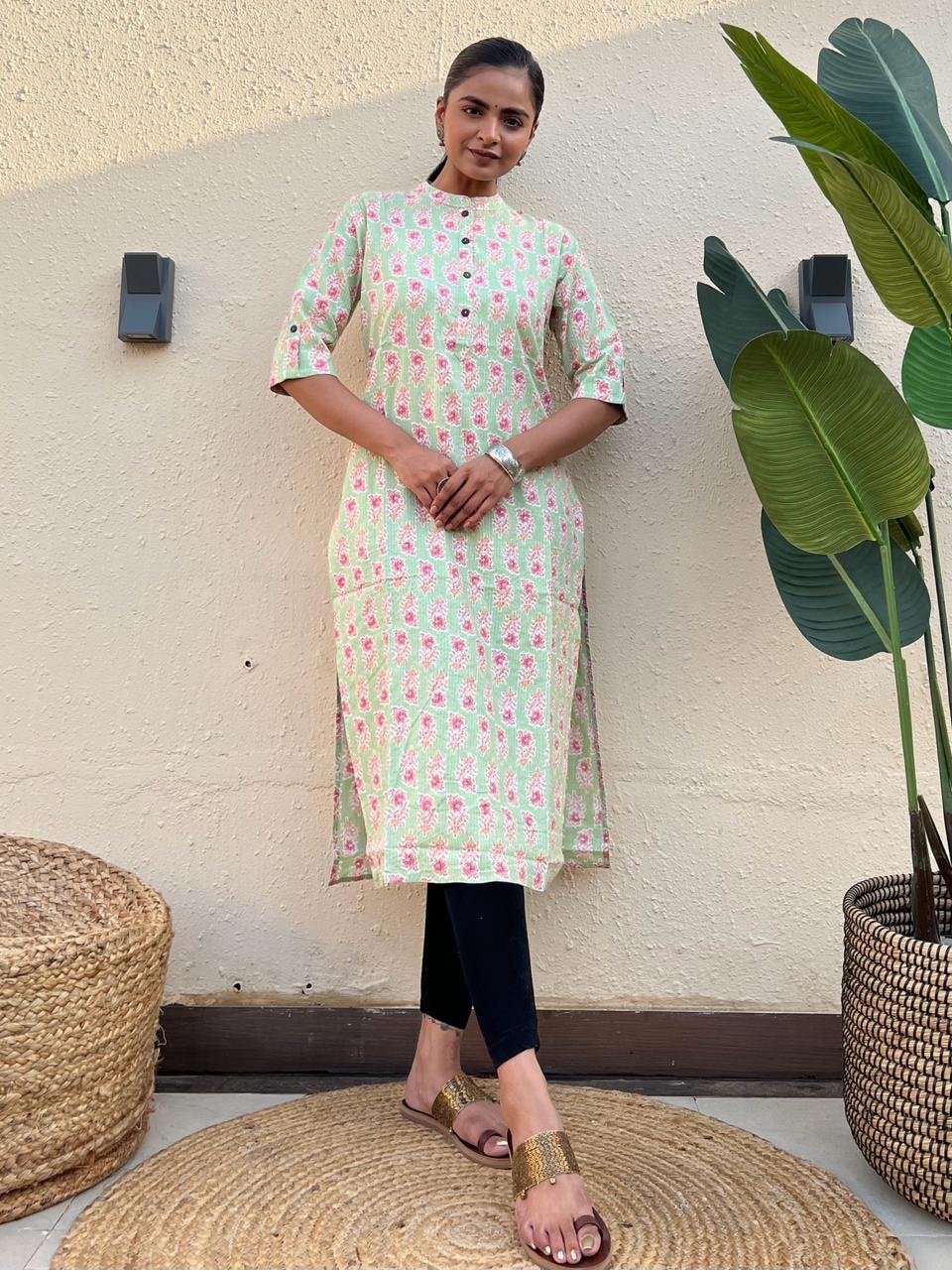 Weekend Cotton Kurta- Pastel Green Pink Booti