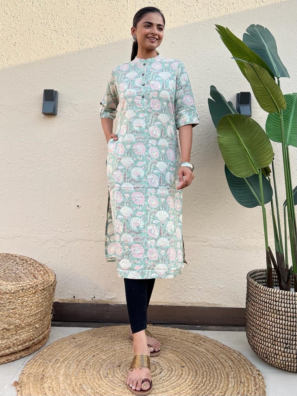 Weekend Cotton Kurti- Pastel Green Big Floral