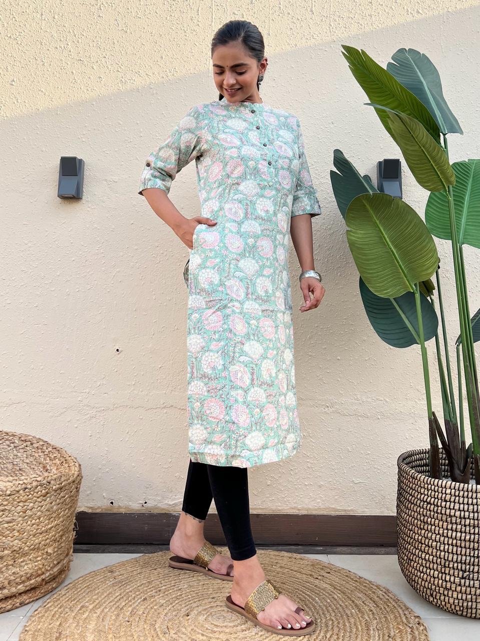 Weekend Cotton Kurti- Pastel Green Big Floral