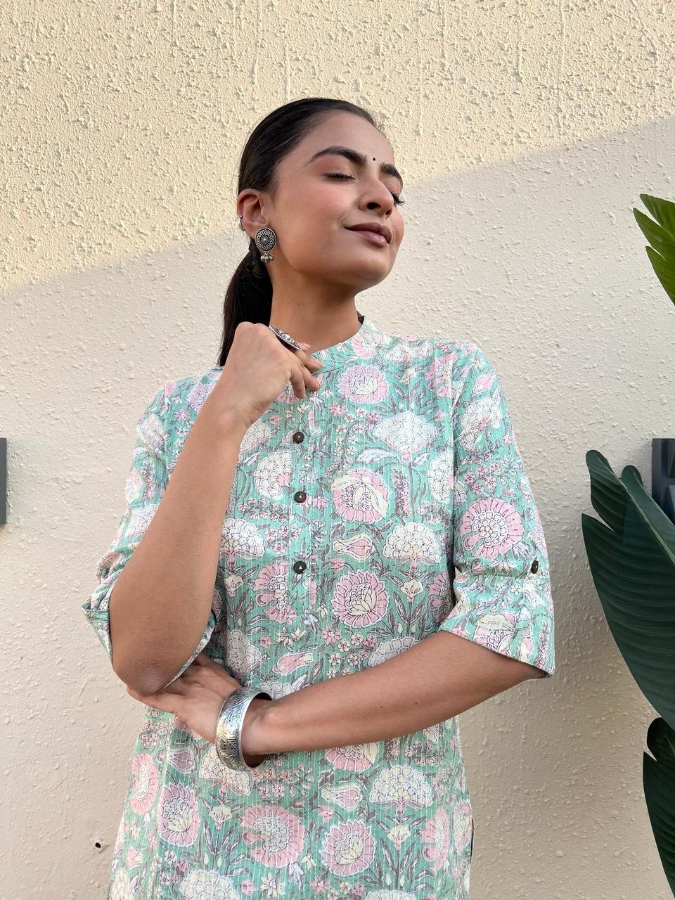 Weekend Cotton Kurti- Pastel Green Big Floral