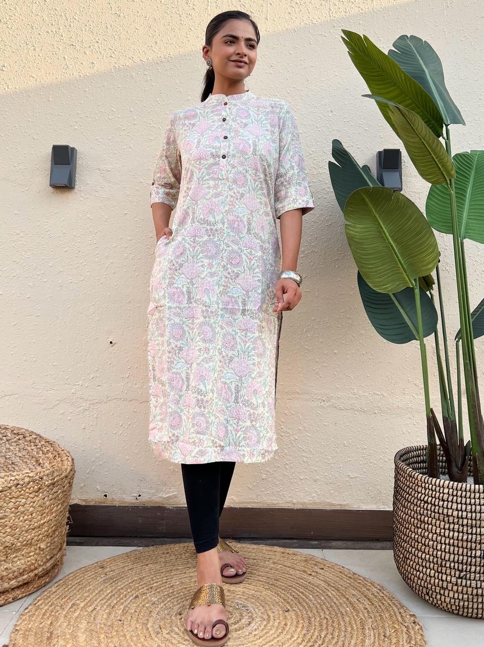Weekend Cotton Kurta- Light Lime Big Floral