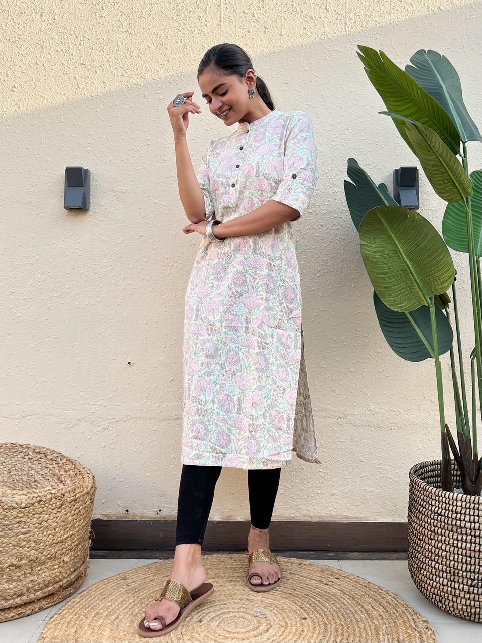 Weekend Cotton Kurta- Light Lime Big Floral