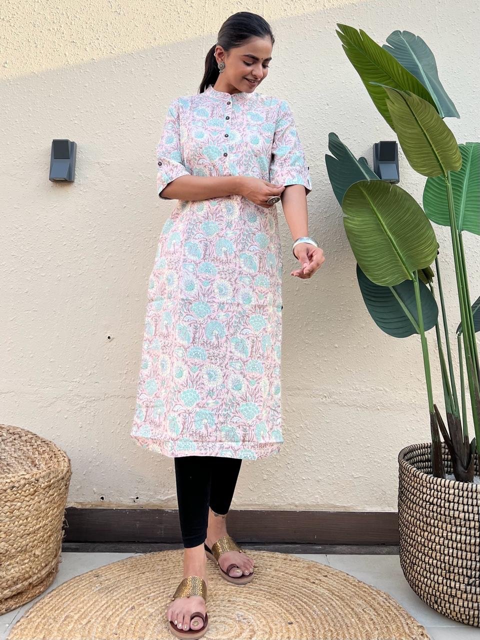 Weekend Cotton Kurta- Pastel Pink Big Floral