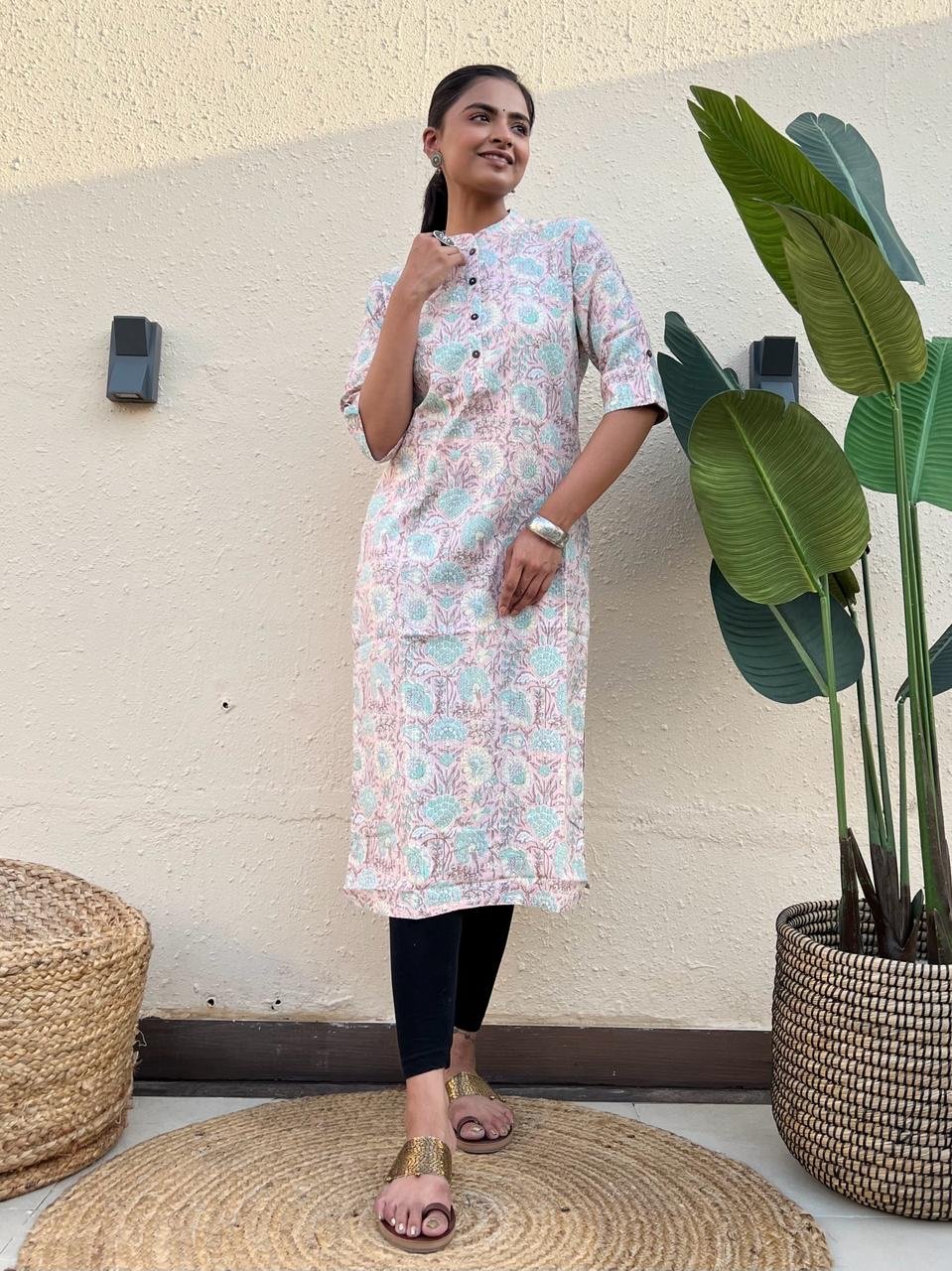 Weekend Cotton Kurta- Pastel Pink Big Floral