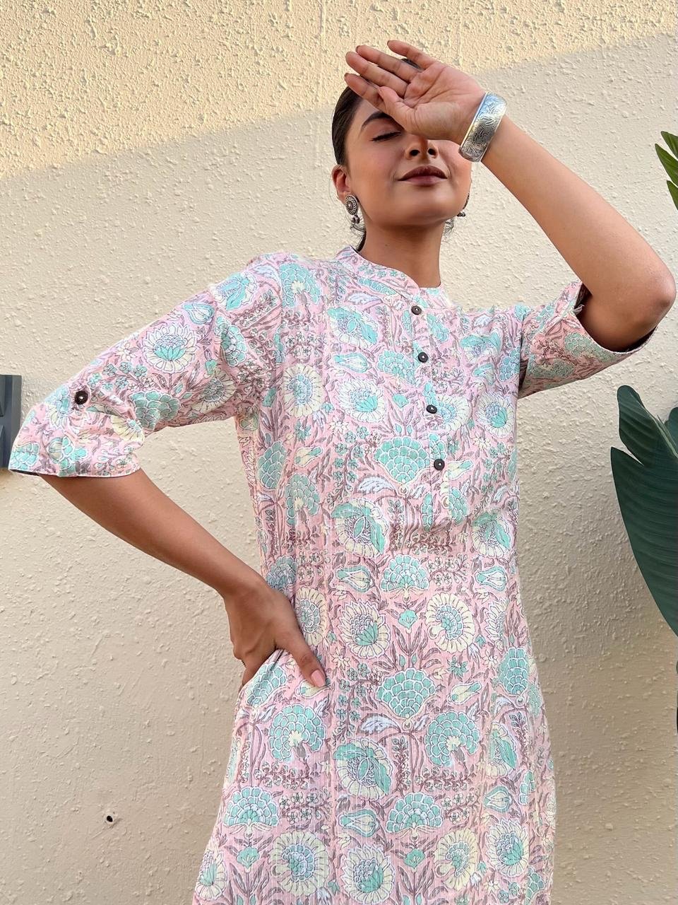 Weekend Cotton Kurta- Pastel Pink Big Floral